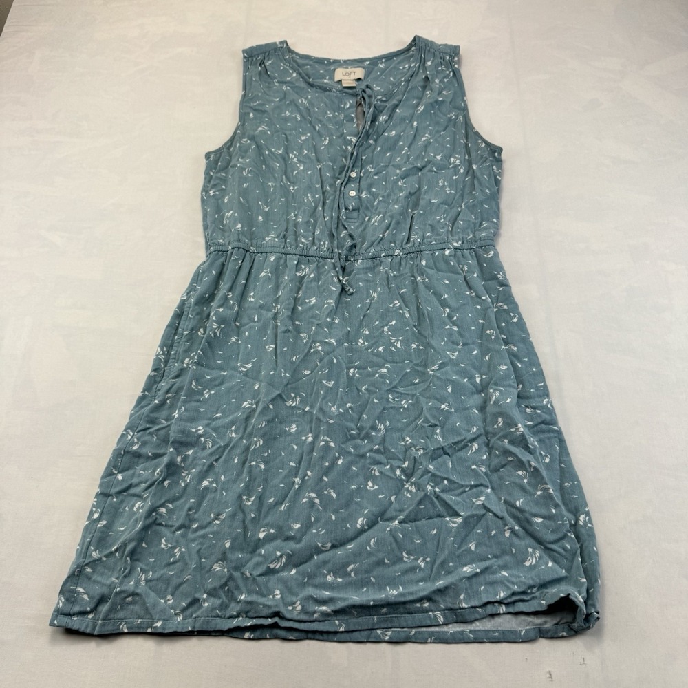 LOFT M Dusty Teal Floral Sleeveless Tie Neck Elastic Waist Dress